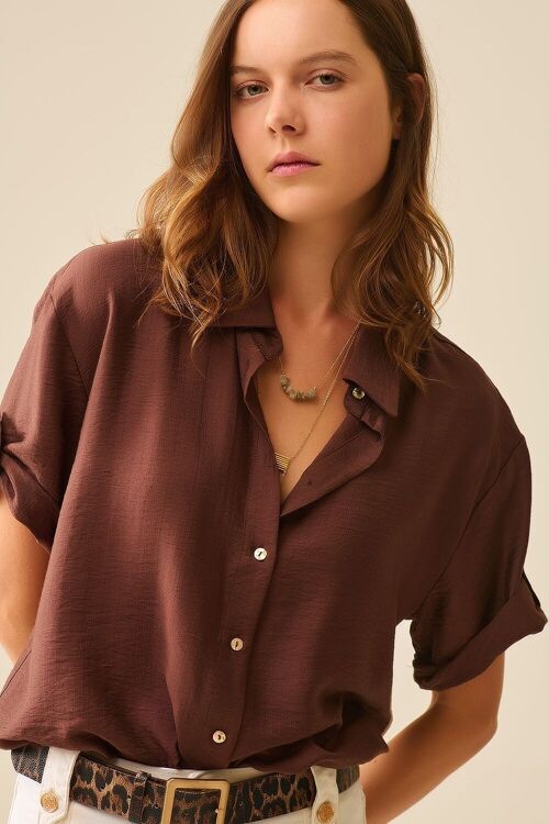 Chocolate Brown shirt with short sleeves and pleat on the sleeve
