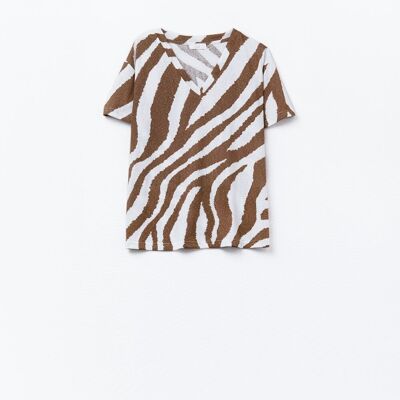 T-shirt con scollo a V e stampa zebrata color cammello