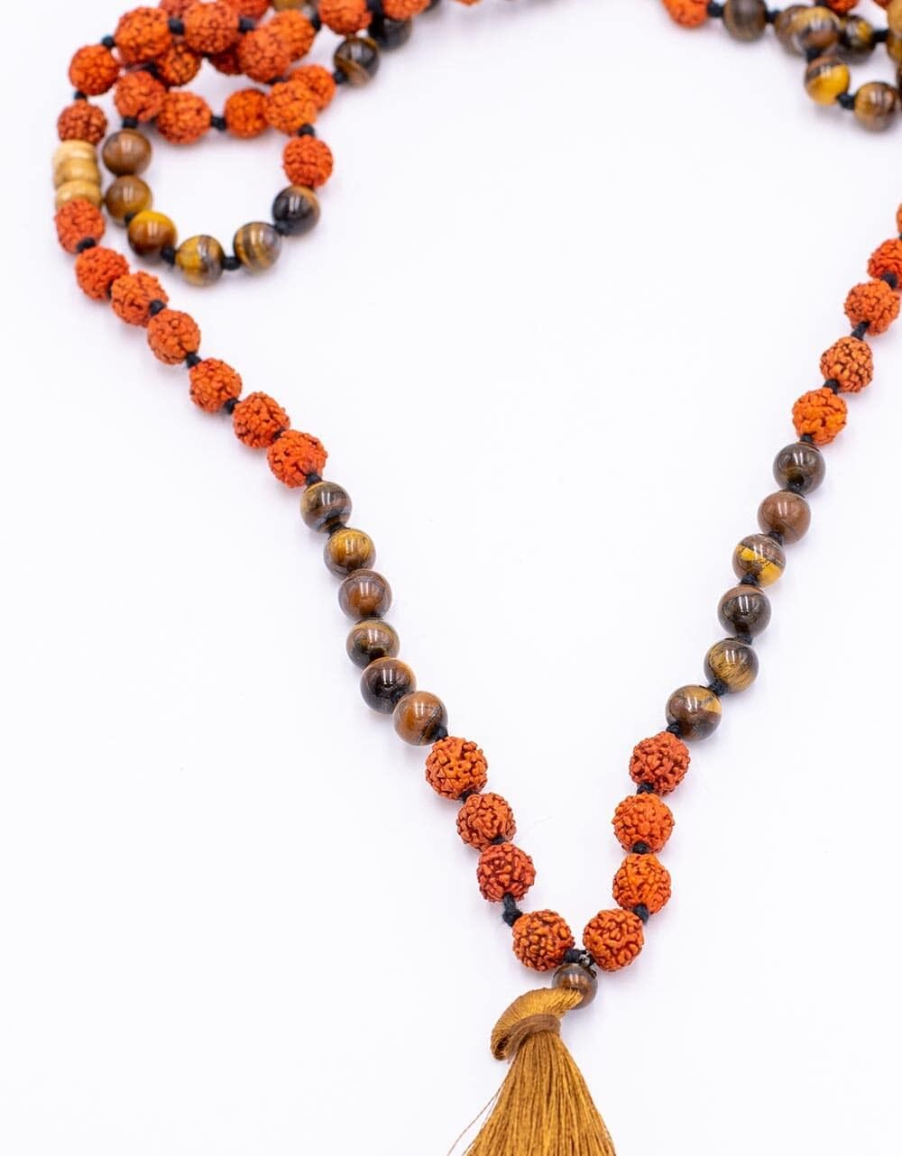 Collana Mala tibetana con occhio di tigre e rudraksha