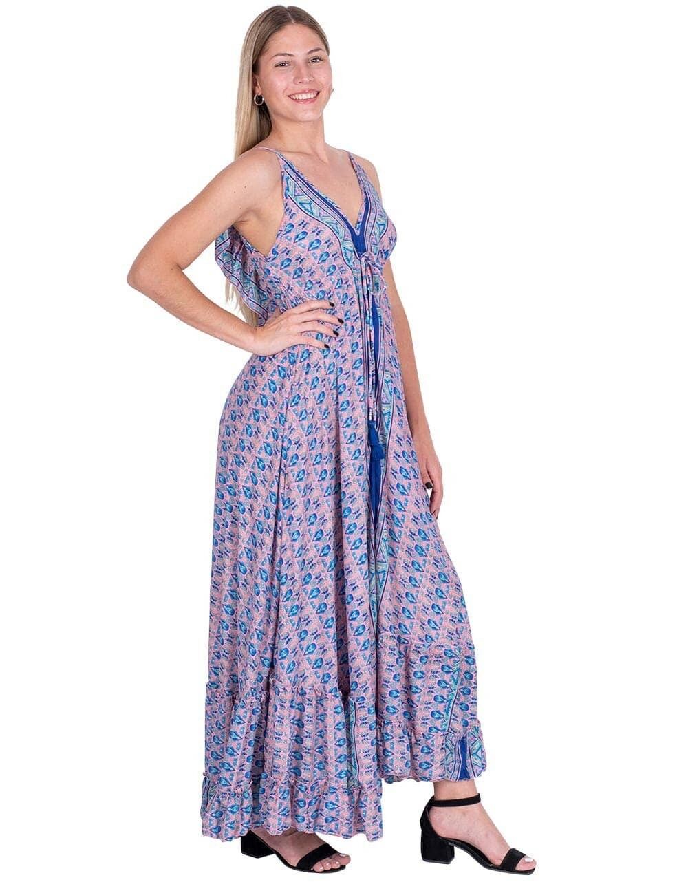 Abito lungo in seta con volant e schiena a V regolabile