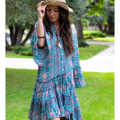 Silk and Polyester Boho Midi Dress | Asymmetrical Ruffles | One Size | New Collection