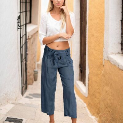 Pantaloni Capri Kimago grigi con fiocco e cintura elastica