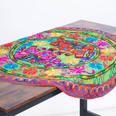 Round Tablecloth with Two Hand-Embroidered Elephants