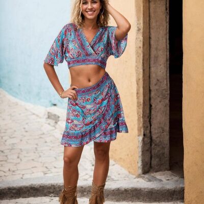Women's Summer Set: Short Skirt and Printed Silk Top
