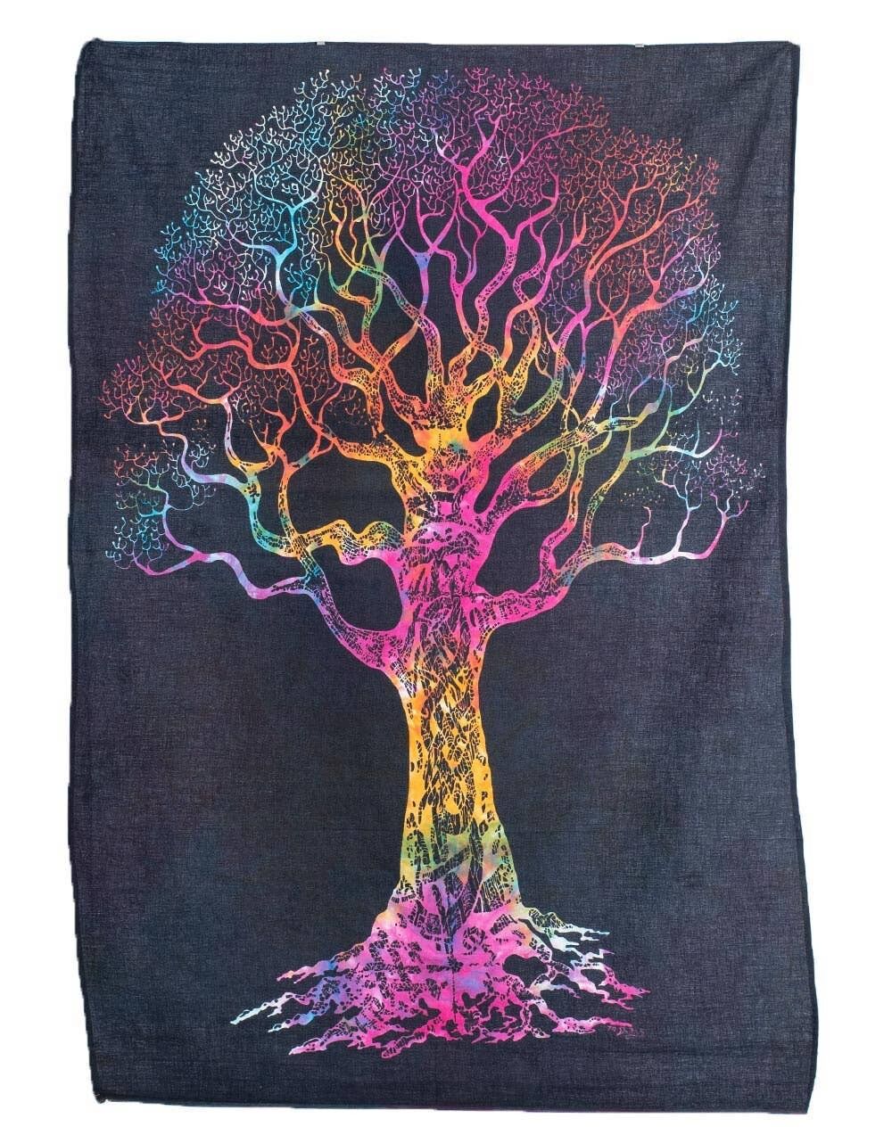 Arazzo fatto a mano nero con albero multicolore - Deco