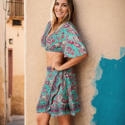 Elegant Green Printed Silk Top and Short Skirt Set