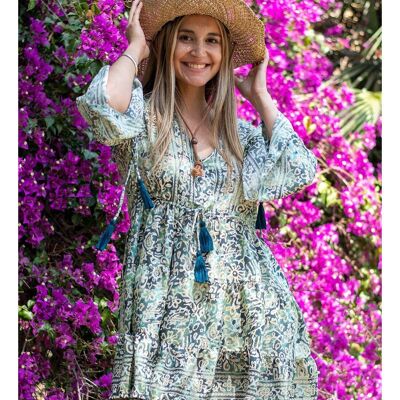 Short Silk Spring Dress — 3/4 Sleeves with Bow — V-Neck — One Size