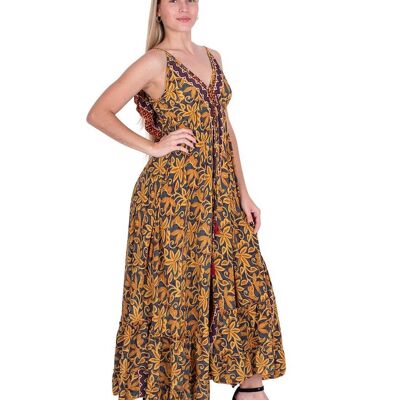 Silk Ruffle Maxi Dress - Unique Handcrafted Design | Pompom Trim | Perfect for Summer | One Size