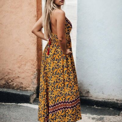 Yellow Floral Print Silk Bohemian Maxi Dress | Adaptive Fit | Summer Collection