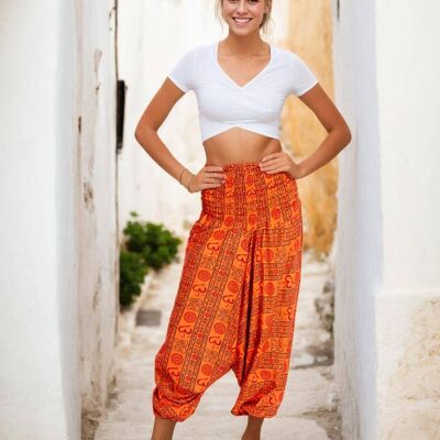 Pantalón Harem Naranja Étnico Om - Cómodo, Ajustable y Boho Chic (Talla Única)