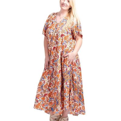 Long Orange Silk Printed Dress with V-Neckline - One Size Fits Most