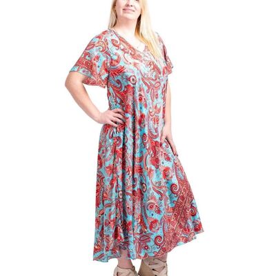 Long Ethnic Boho Silk Dress | V-Neck | Large Size XL
