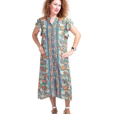 Robe mi-longue bohème en soie imprimée vert et bleu clair - Boutons sur le devant - Taille unique
