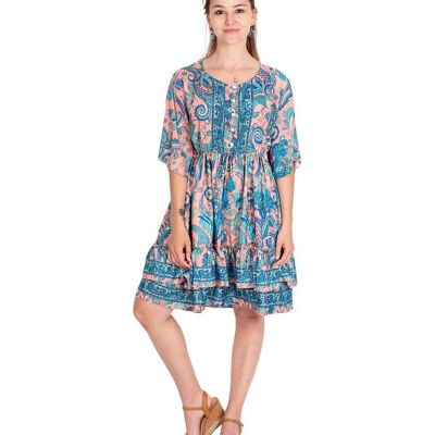 Short Salmon Print Silk Dress | Boho Summer Style | One Size