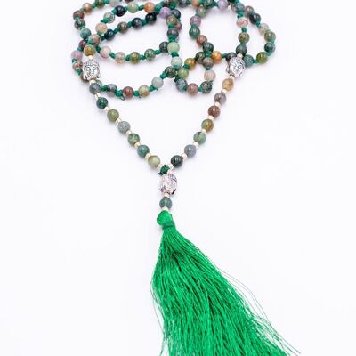 Mala tibétain en agate mousse et Bouddha | Chapelet fait main pour la méditation et la prière