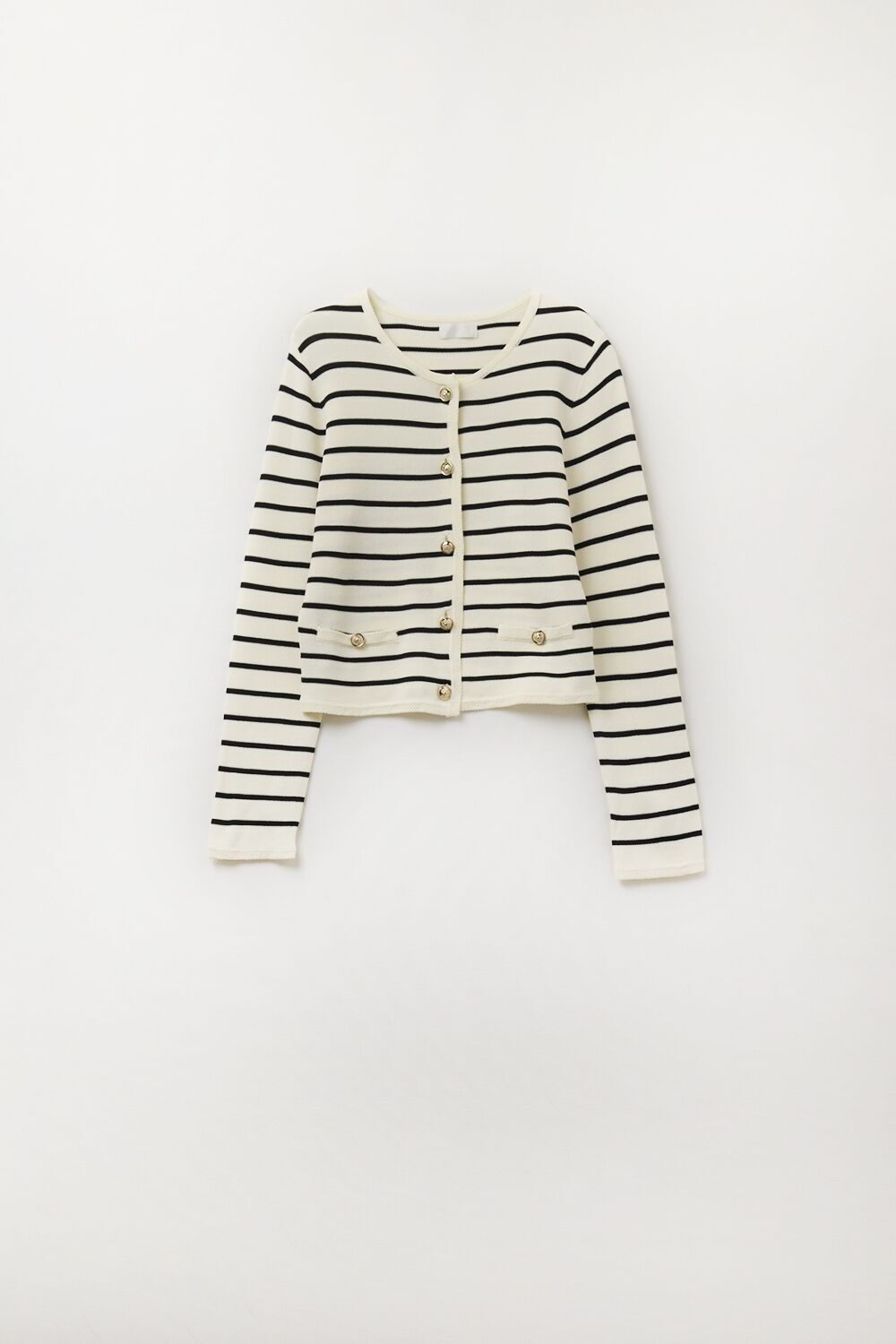 Cream Cardigan with Black Stripes and Gold Buttons