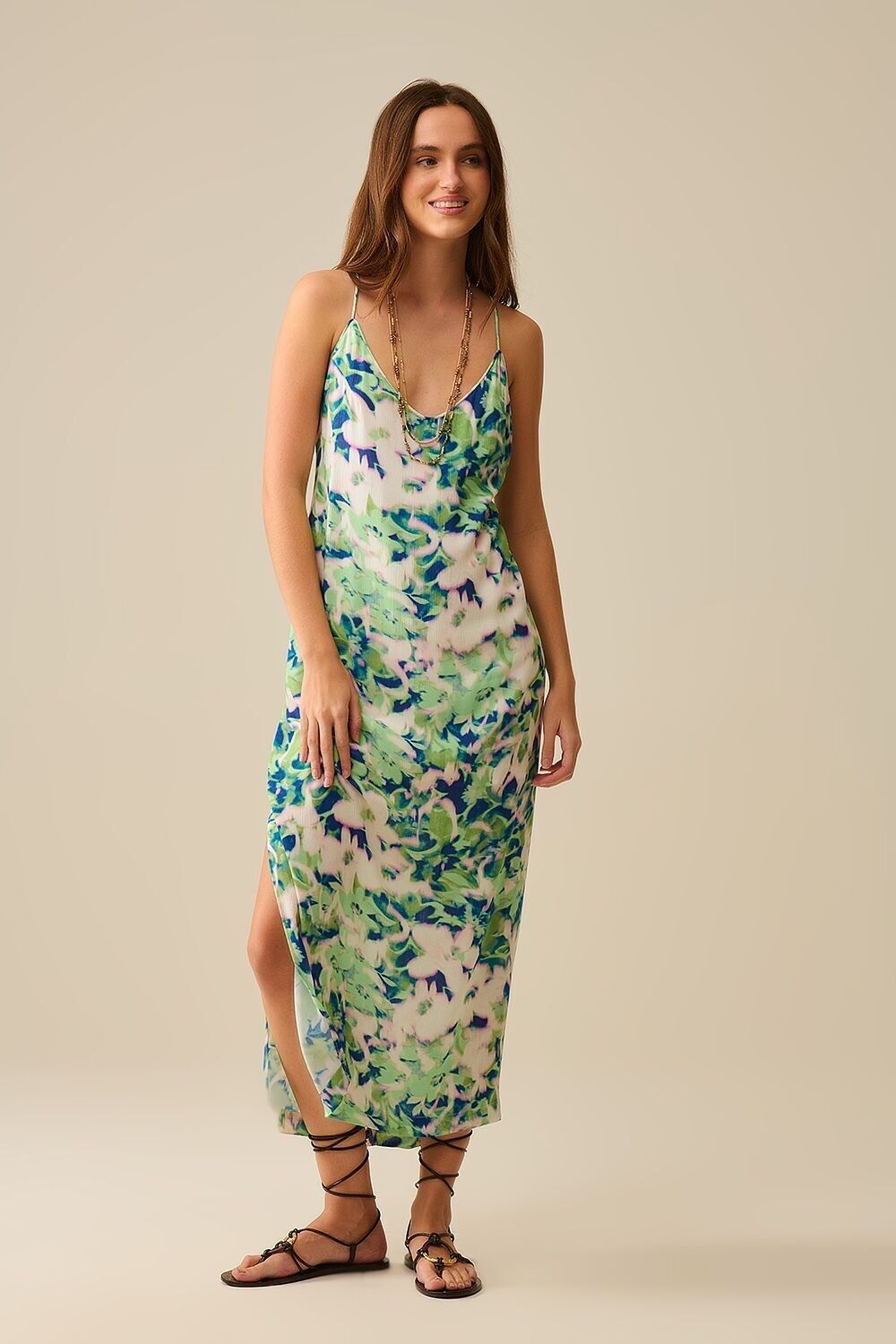 long green floral print dress with wide back neckline