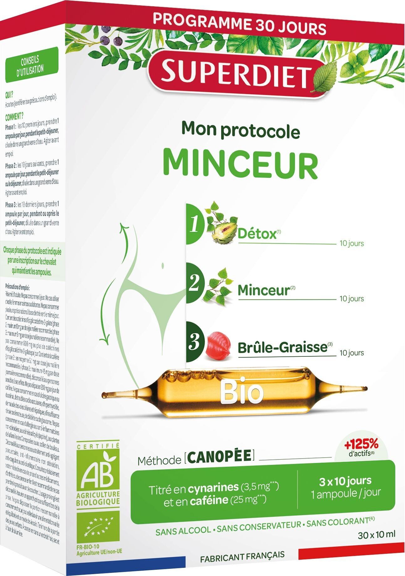 SUPERDIET – ORGANIC SLIMMING PROTOCOL – 3 Progressive Phases: Detox, Slimming, Fat Burning – Made in France – 10 plants – 30 ampoules of 10 ml