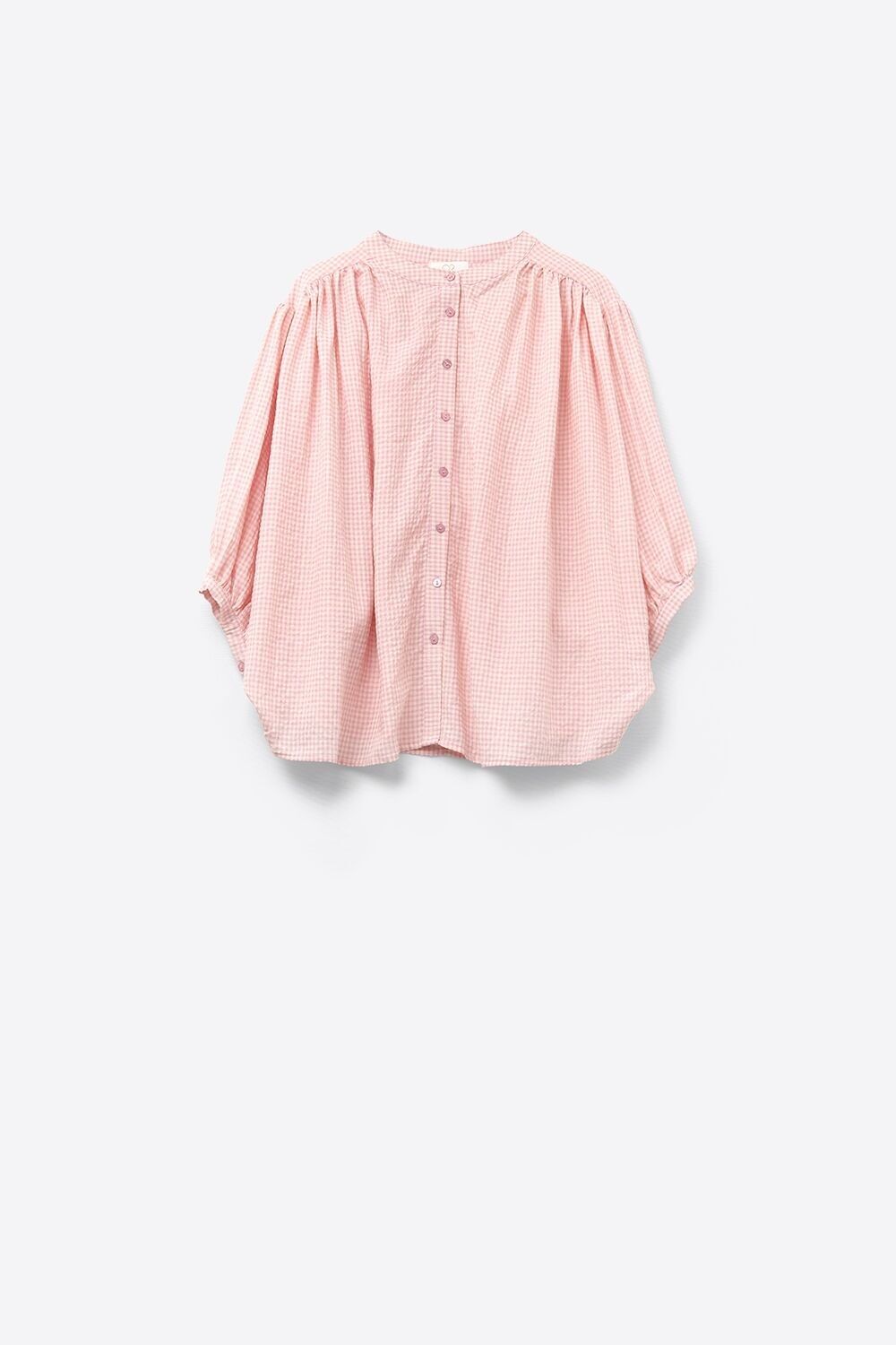 loose light pink gingham blouse