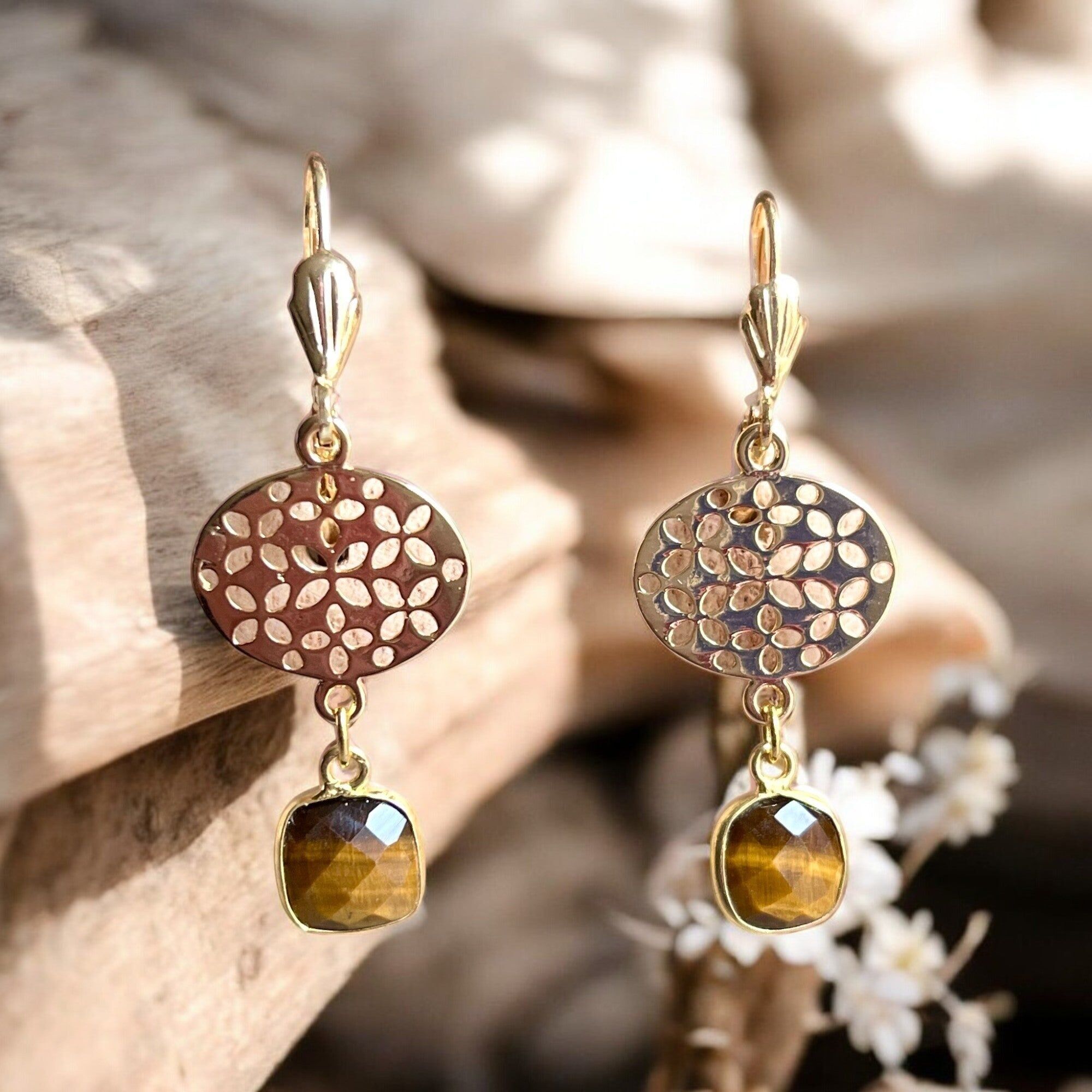 Orecchini "CHANTAL" in occhio di tigre placcati in oro zecchino