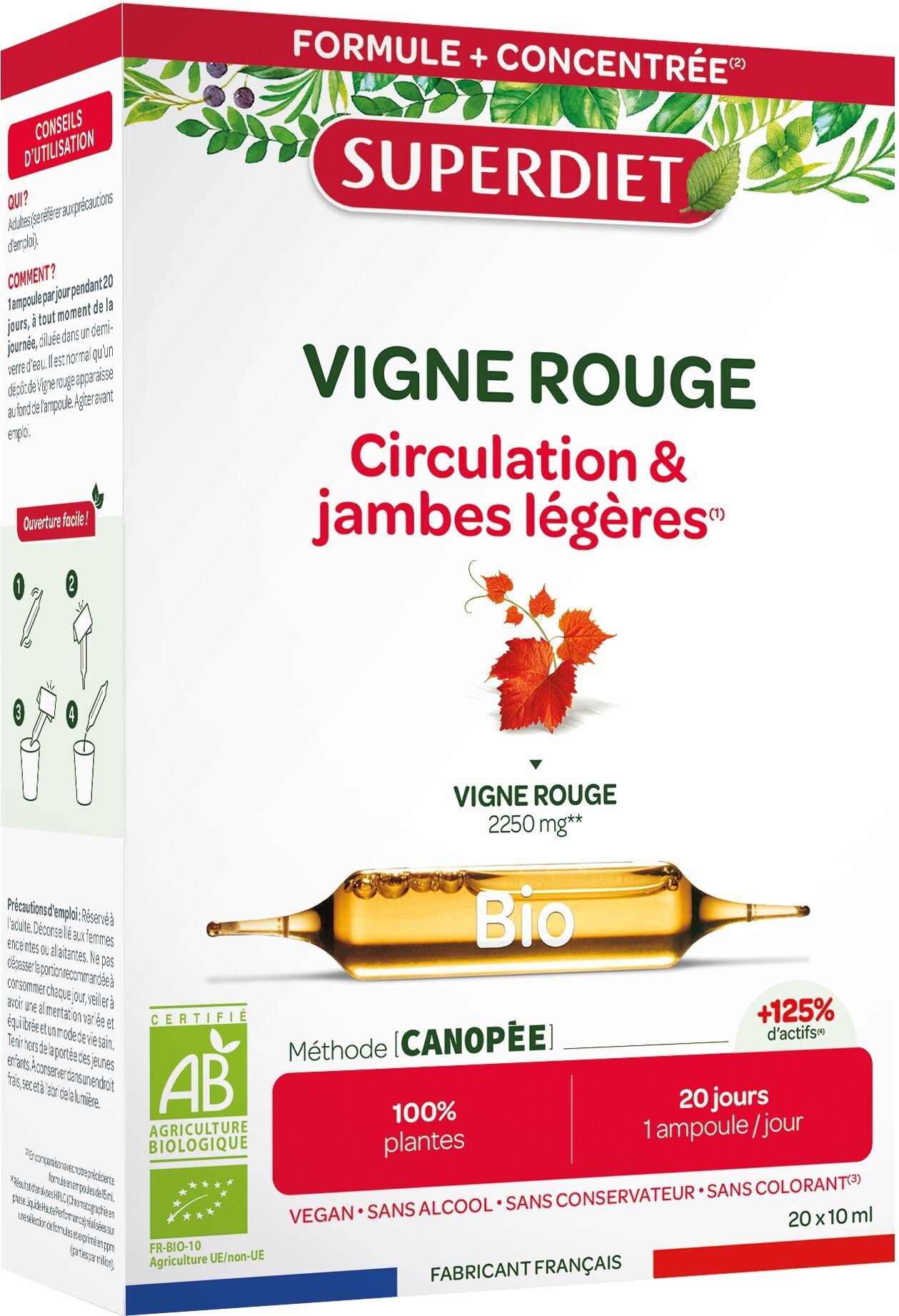 SUPERDIET – BIO-ROTWEIN – Für bessere Durchblutung und leichte Beine – Hergestellt in Frankreich – 20 Ampullen à 10 ml