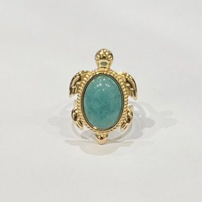 Stainless steel ring with turtle motif and oval stone