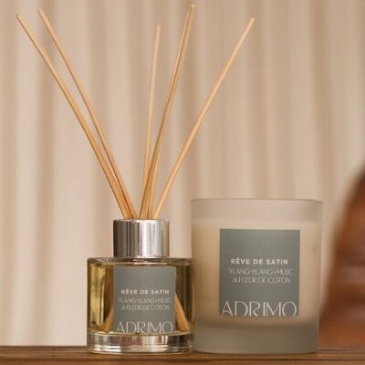 Adrimo Paris Gift Set – Diffuser and 30 cl Natural Candle - Ylang-ylang and Cotton Flower - Rêve de Satin