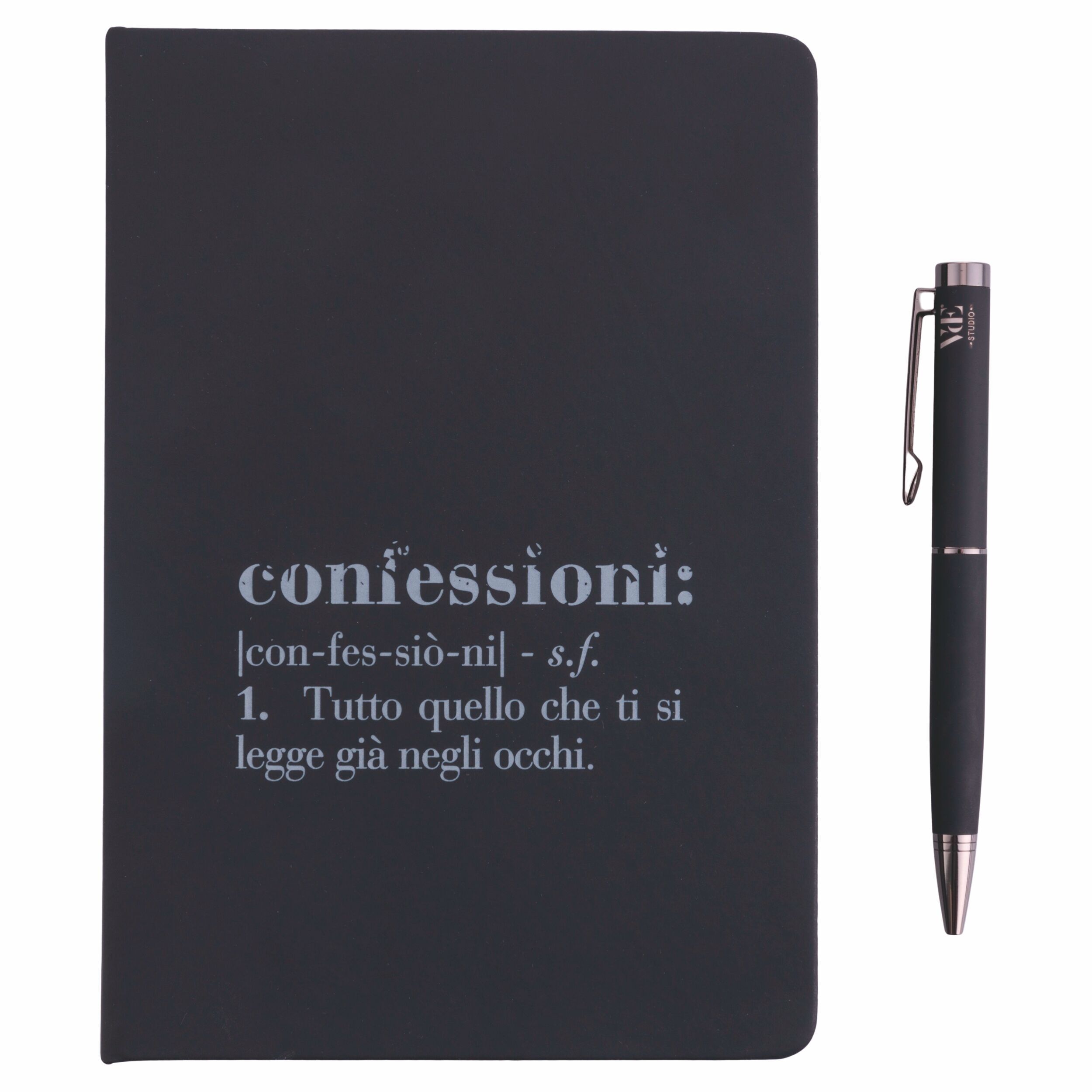 Set taccuino e penna con scritta, copertina rigida, pagine lisce, nero, Victionary