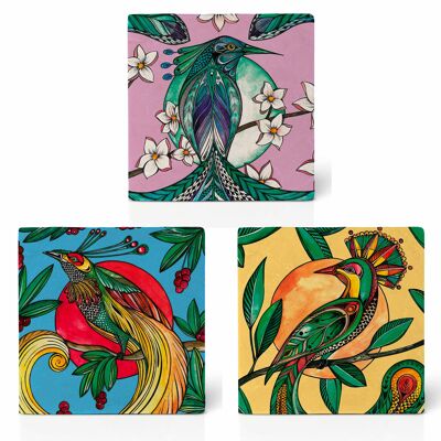 Posavasos de azulejos - Juego de 3 - Aves del paraíso