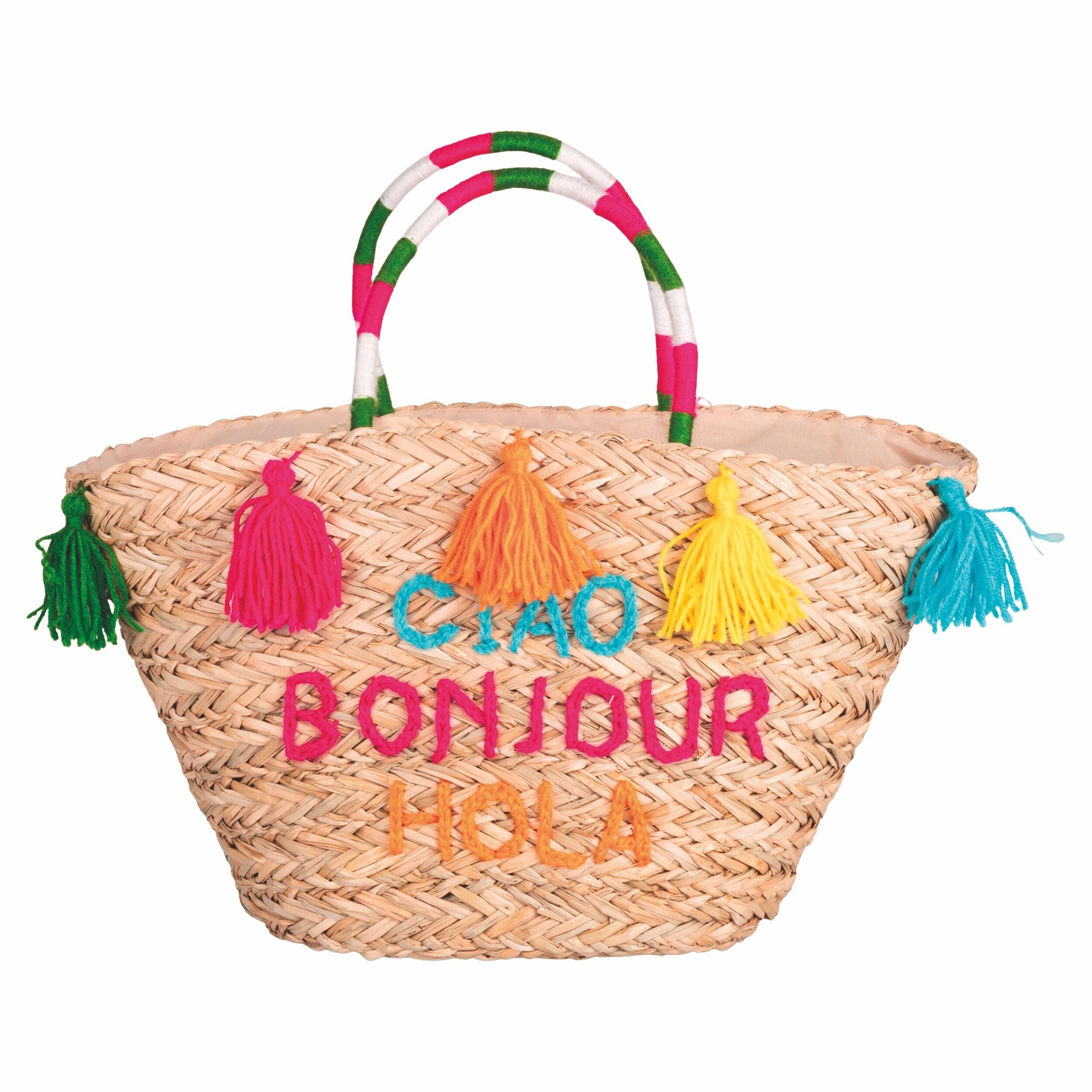 Borsa mare in paglia con nappine, multicolor, Ciao, Bonjour, Hola