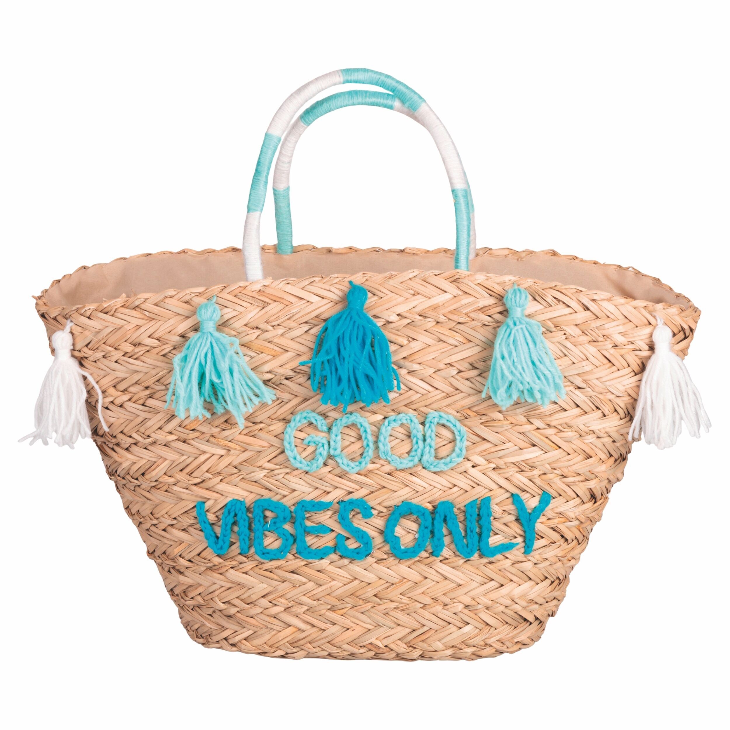 Borsa mare in paglia con nappine, azzurro e blu,  Good Vibes Only