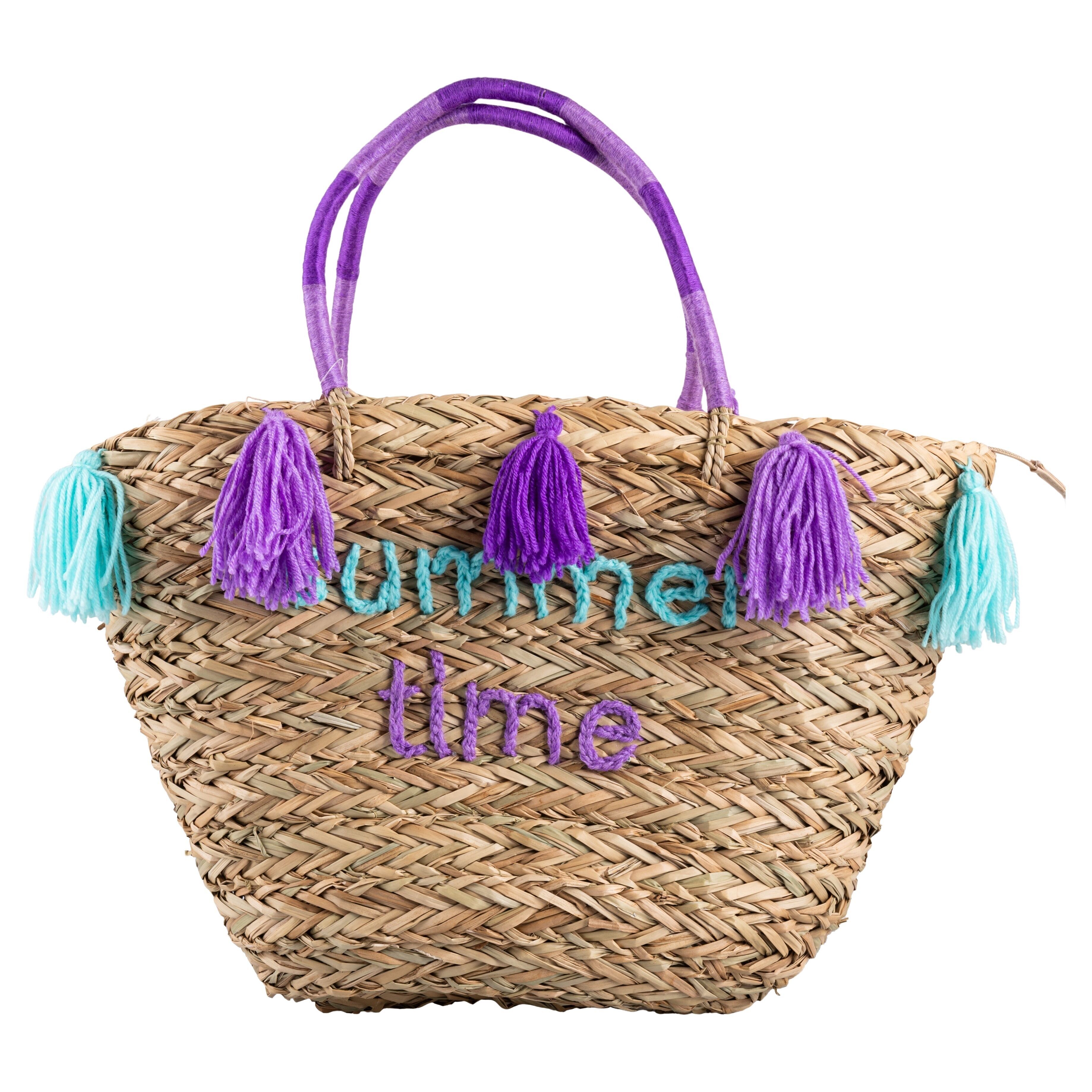 Borsa mare in paglia con nappine, viola e acquamarina, Summer Time