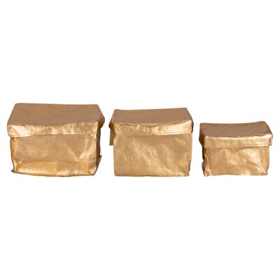 Set of 3 golden rectangular baskets with lid, Golden Kitchen
