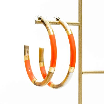 Pendientes de aro de cuerno auténtico y hoja de oro - Naranja