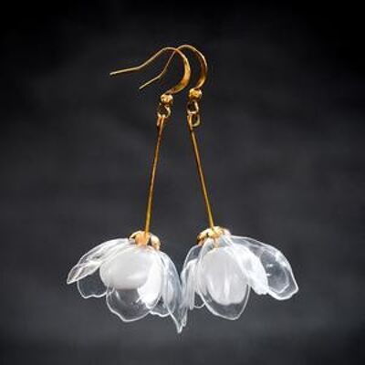 Clear & White Jasmine Double-Flower Drop Earrings-Golden metal parts