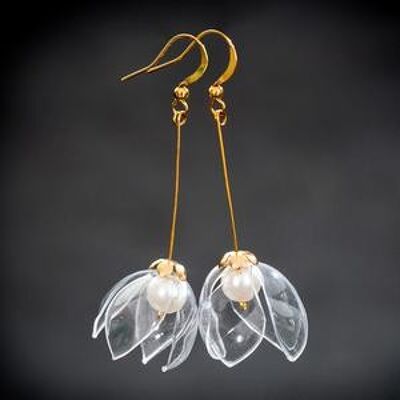 Clear Lily Drop Earrings-Golden metal parts