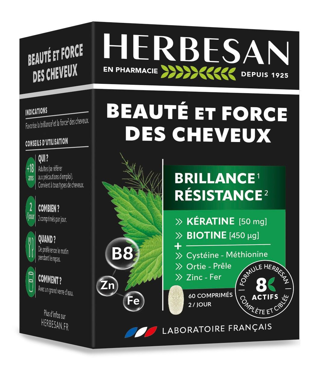 HERBESAN - BEAUTY & STRENGTH OF HAIR - Shine, Radiance and Resistance - 8 active ingredients with targeted and complete action including Keratin, Biotin, Zinc, Nettle & Horsetail - 60 tablets