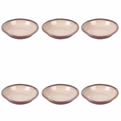 Set 6 piatti fondi beige in gres, bordo marrone, Bretagne Terra