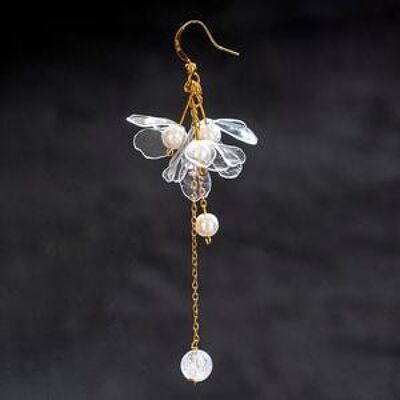 Clear Triple-Flower Drop Earrings-Golden metal parts
