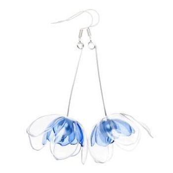 Bijoux de bouteille en plastique recyclé - Boucles d'oreilles pendantes à double fleurs transparentes et bleues