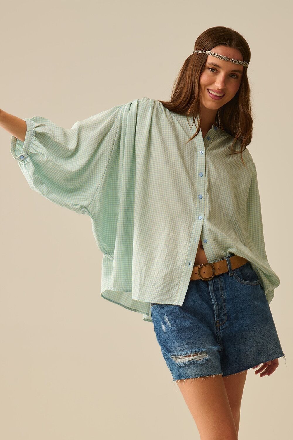 loose light blue gingham blouse