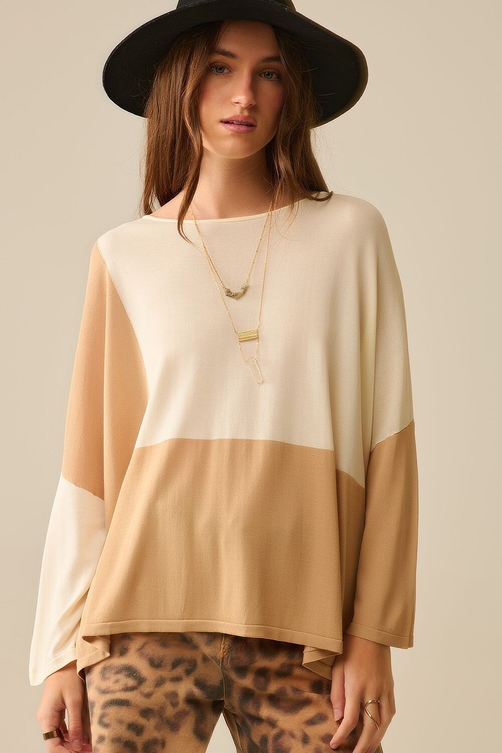 Color Block Bat Wing Sweater In White and camel