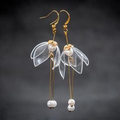 Clear Lily Double-Drop Earrings-Golden metal parts