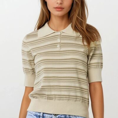 Suéter de rayas beige y camel con cuello polo