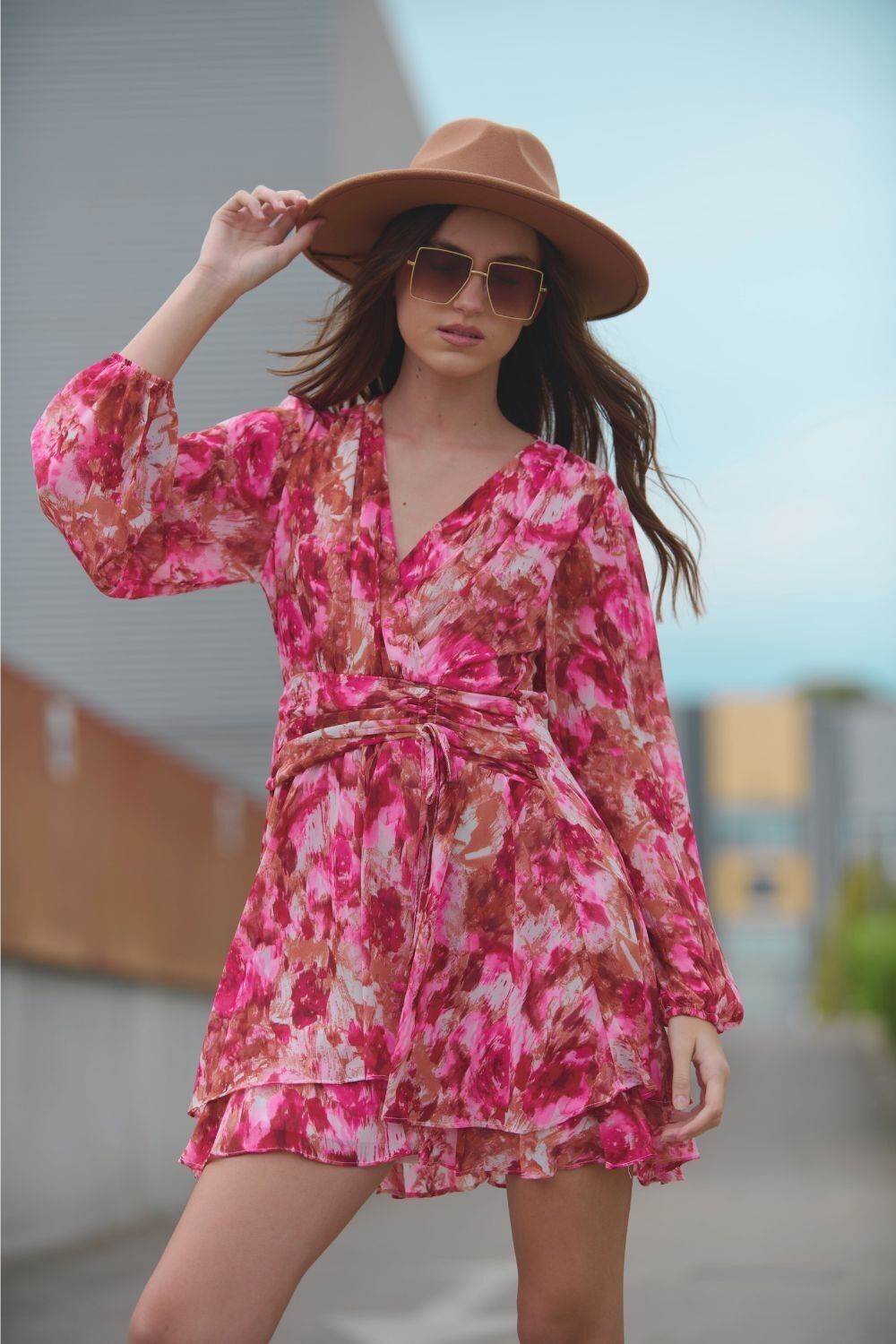 Abstract Print Mini V Neck Dress With Rouche at Waist