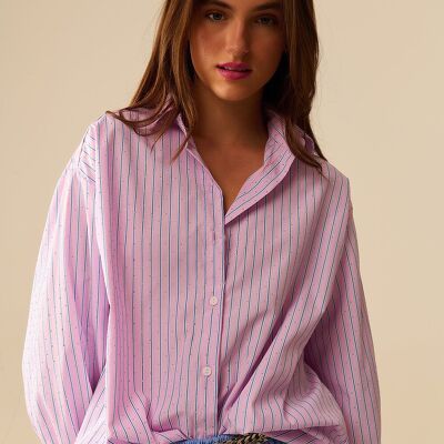 Camisa de popelina de rayas rosas adornada con pedrería