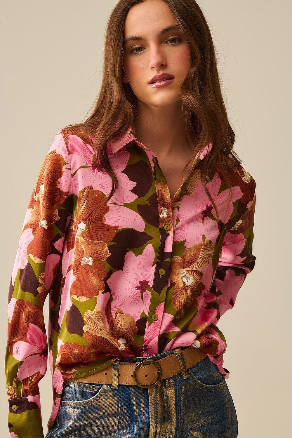 Satin Finish Tropical Floral Shirt in Olive Green