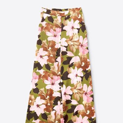 Pantalón ancho con estampado floral tropical multicolor en tejido satinado