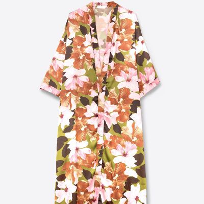 Kimono floreale tropicale in raso verde oliva