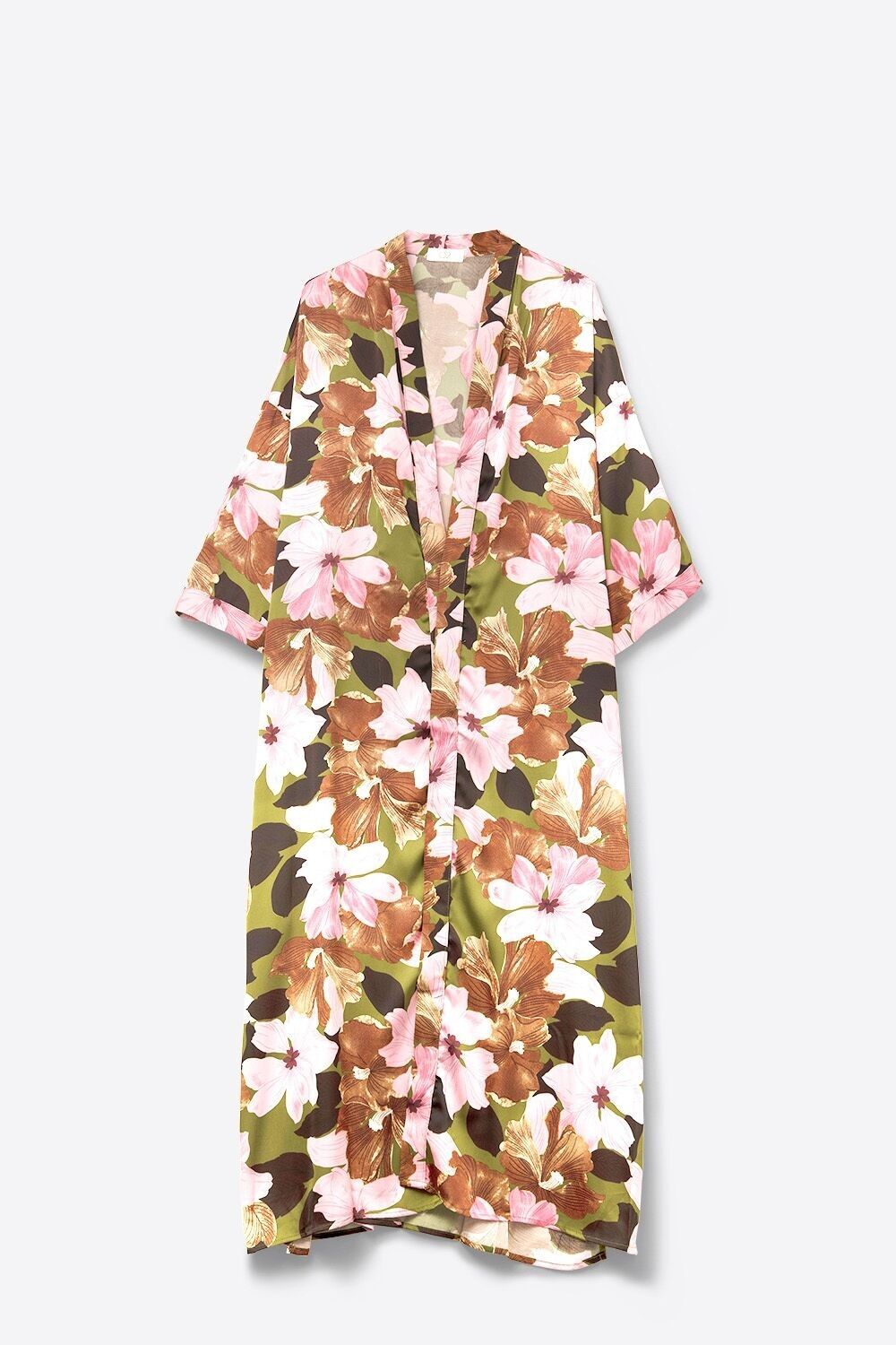 Satin Tropical Floral Kimono in Olive Green